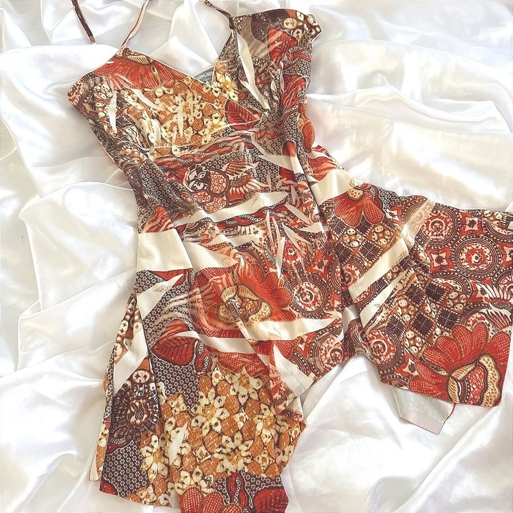 Vintage Rave Handkerchief Hem Halter Top Y2K Batik Print Orange Brown Medium